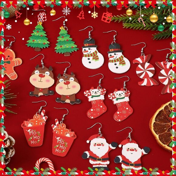 9 Pairs Christmas Faux Leather Earrings for Women Xmas Santa Claus Christmas Tre - Picture 4 of 7